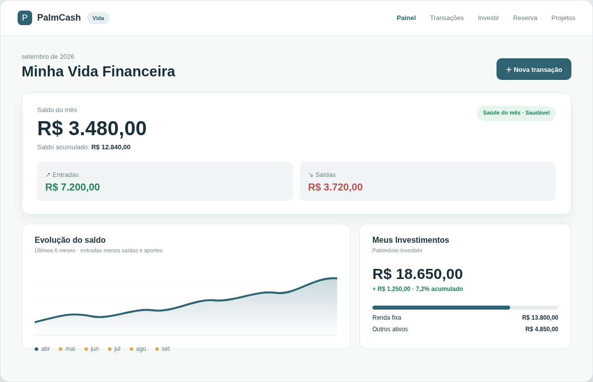 Tela real do painel do PalmCash com saldo, entradas, saídas e investimentos